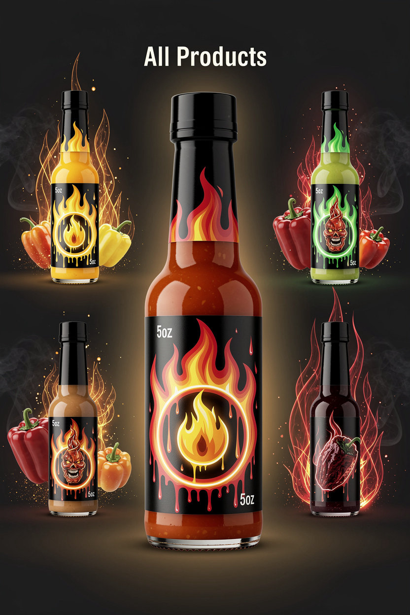 Inferno Drip Hot Sauce Co. all products: Trinity Pack featuring MAGMA, VOLTAGE, and LAST RITES bottles with custom fire and flame effects