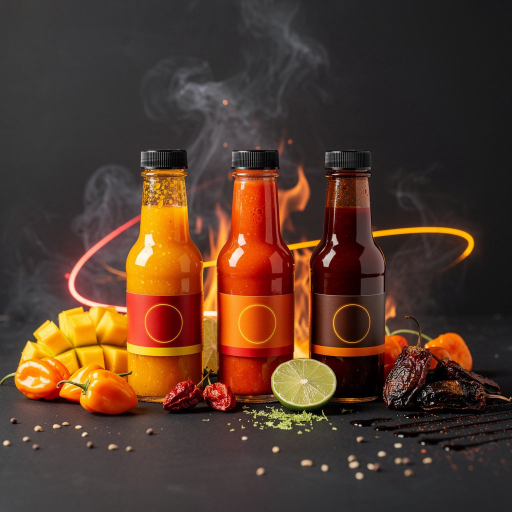 Inferno Drip Hot Sauce Co. MAGMA, VOLTAGE, and LAST RITES bottles with flames and heat effects