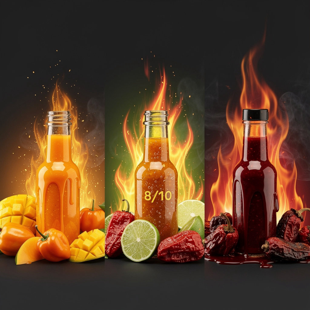 Inferno Drip Hot Sauce Co. three signature sauces: MAGMA, VOLTAGE, and LAST RITES bottles with flames and dripping sauce effects