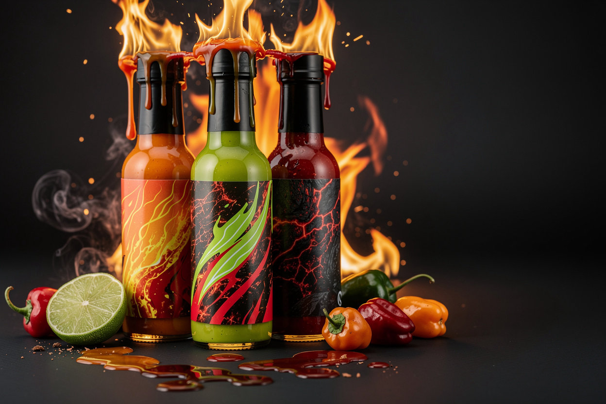 Inferno Drip Hot Sauce Co. Trinity Pack featuring all three signature sauces with flames and fire effects